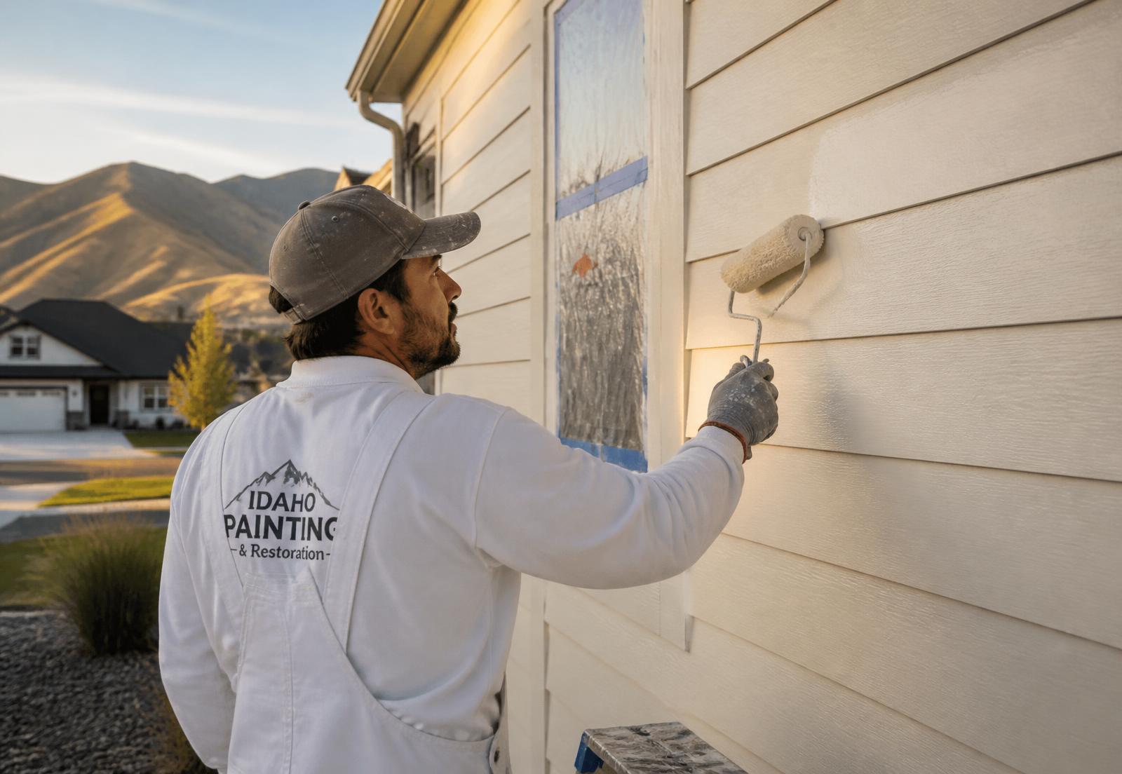 Home exterior being painted in the Treasure Valley with the Idaho foothills behind